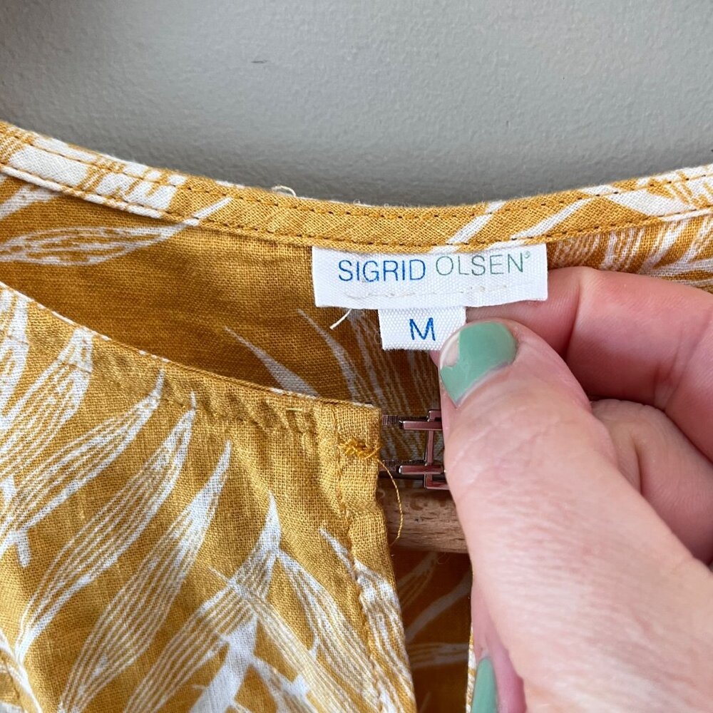 Sigrid Olsen Womens Yellow & White Leaf Print‎ Linen Blend Blouse Puff Sleeve M - Picture 2 of 4